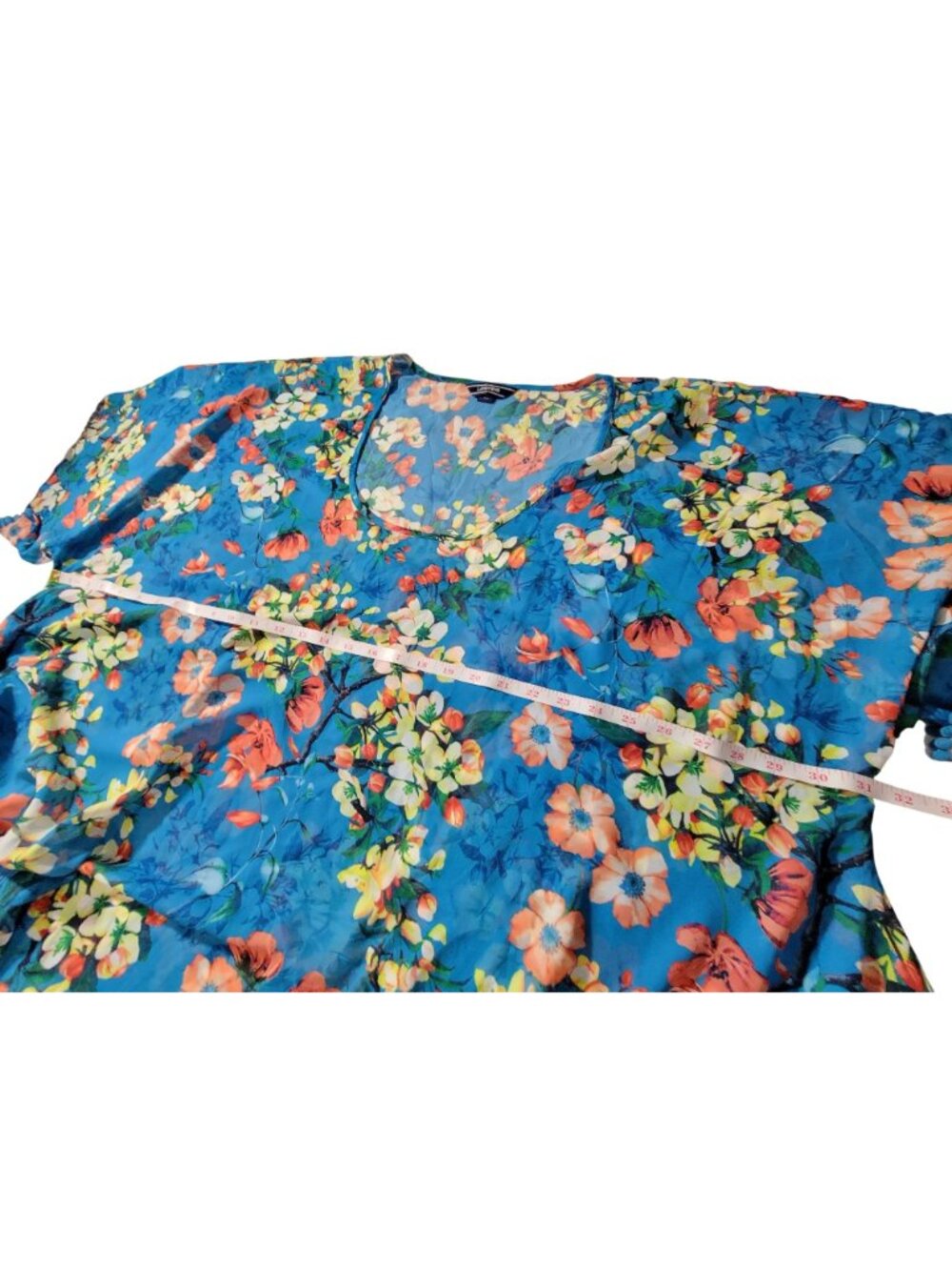 Lands' End womens Floral Sheer Blue Kimono Top With Pom Pom Trim Lightweight - Picture 3 of 10